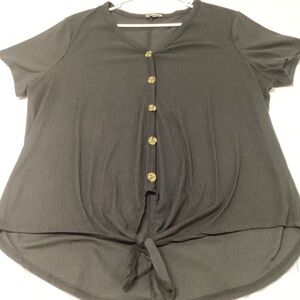 Button-Front Tie Hem Short Sleeve Top - Black Ribbed 2X